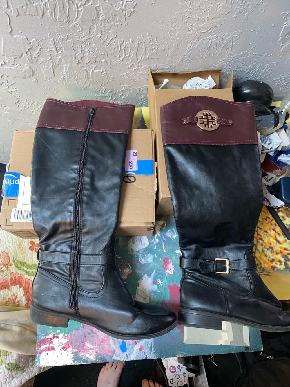 Tall Black Leather Riding Boots with Burgundy Cuffs